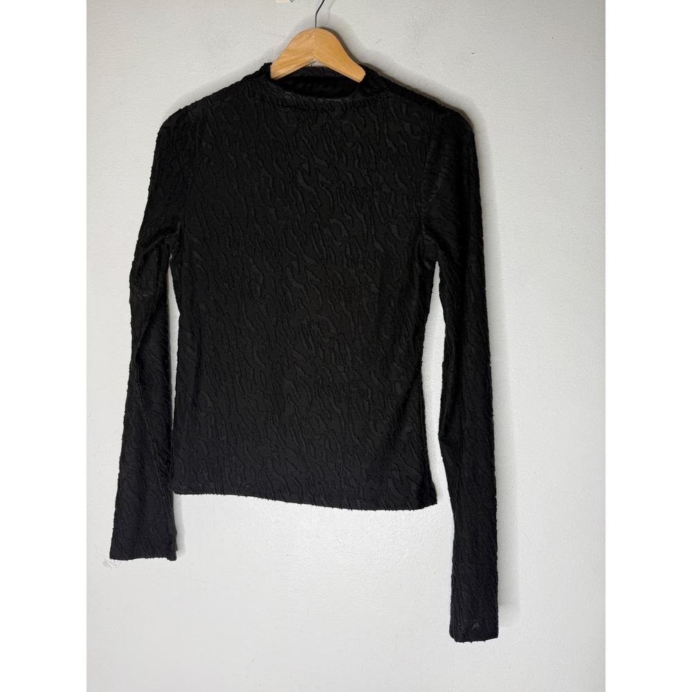 Evereve Black Textured Jacquard semi sheer Mock Neck Long Sleeve Top Size M